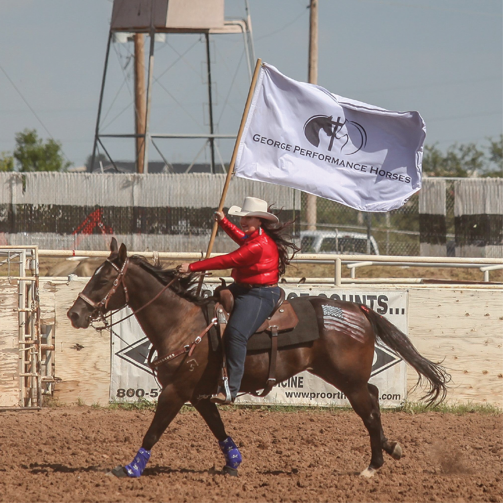 Rodeo sponsorship flag flown in arena