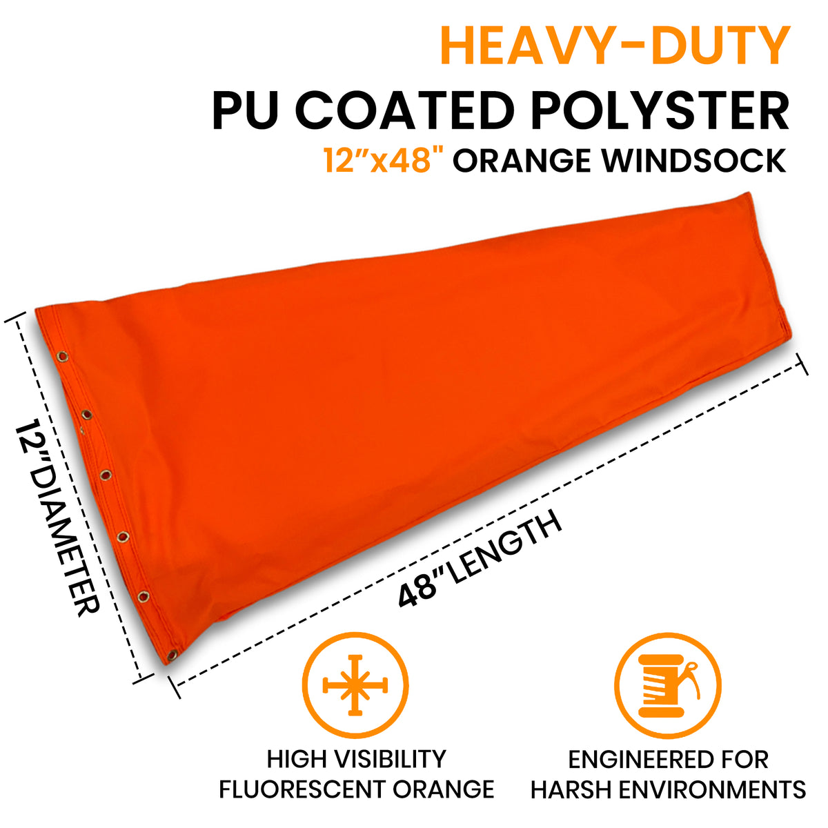 12x48 heavy duty hi-vis orange windsocks made of PU polyester -water proof- UV fade resistant- quad stitched 