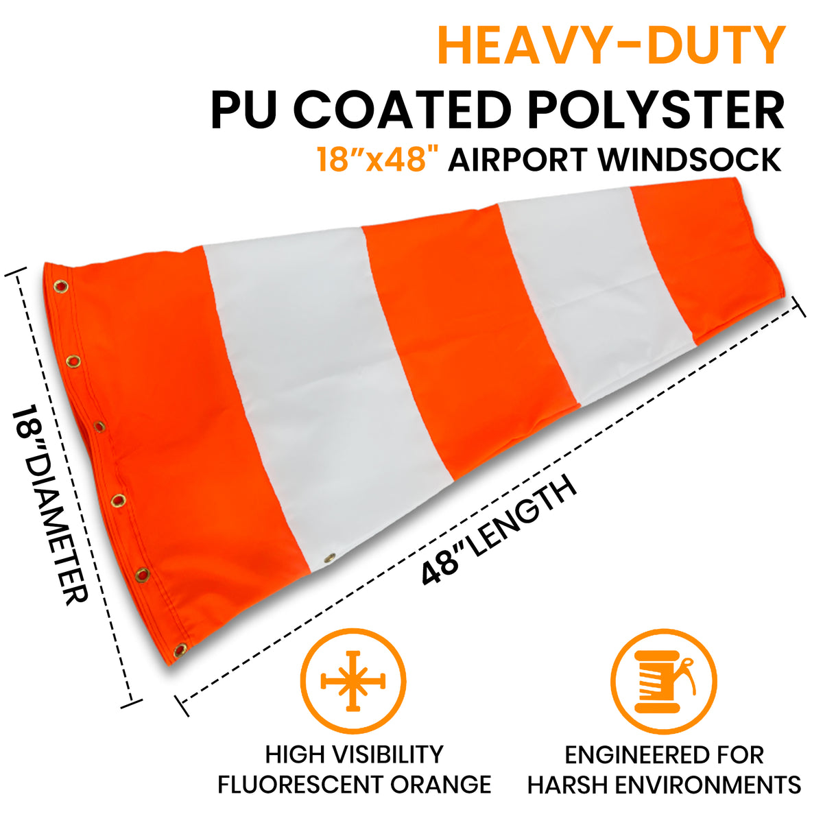 18"x48" heavy duty airport windsock orange and white, hi vis fluorescent, water proof, UV fade resistant, FAA compliant