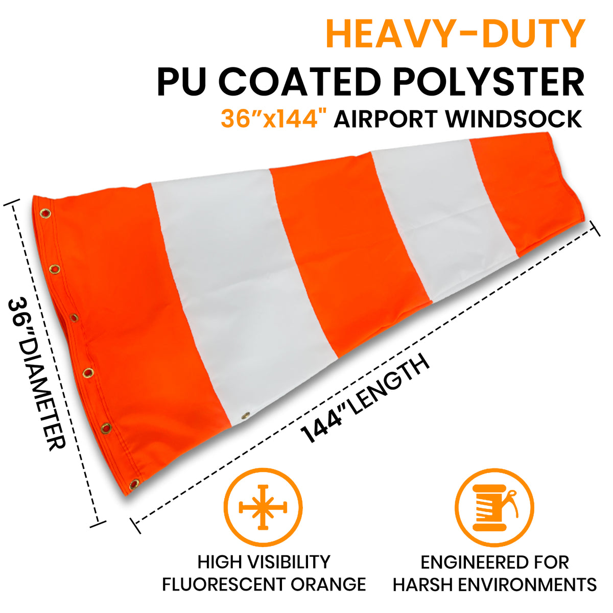 36"x144" heavy duty airport windsock orange and white, hi vis fluorescent, water proof, UV fade resistant, FAA compliant