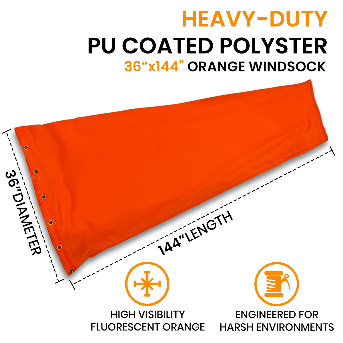 36x144 heavy duty hi-vis orange windsocks made of PU polyester -water proof- UV fade resistant- quad stitched 