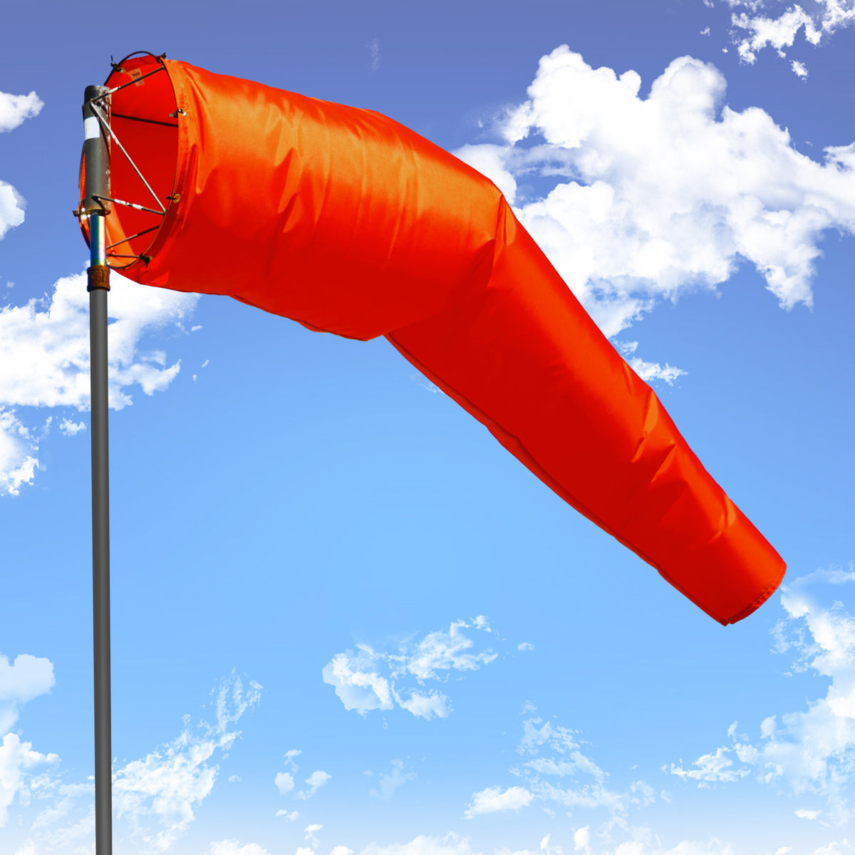 Heavy duty airport windsock for airport and aviation, agriculture, farms, industry and commercial applications. Weather resistant, water proof, Hi vis Orange, UV fade resistant