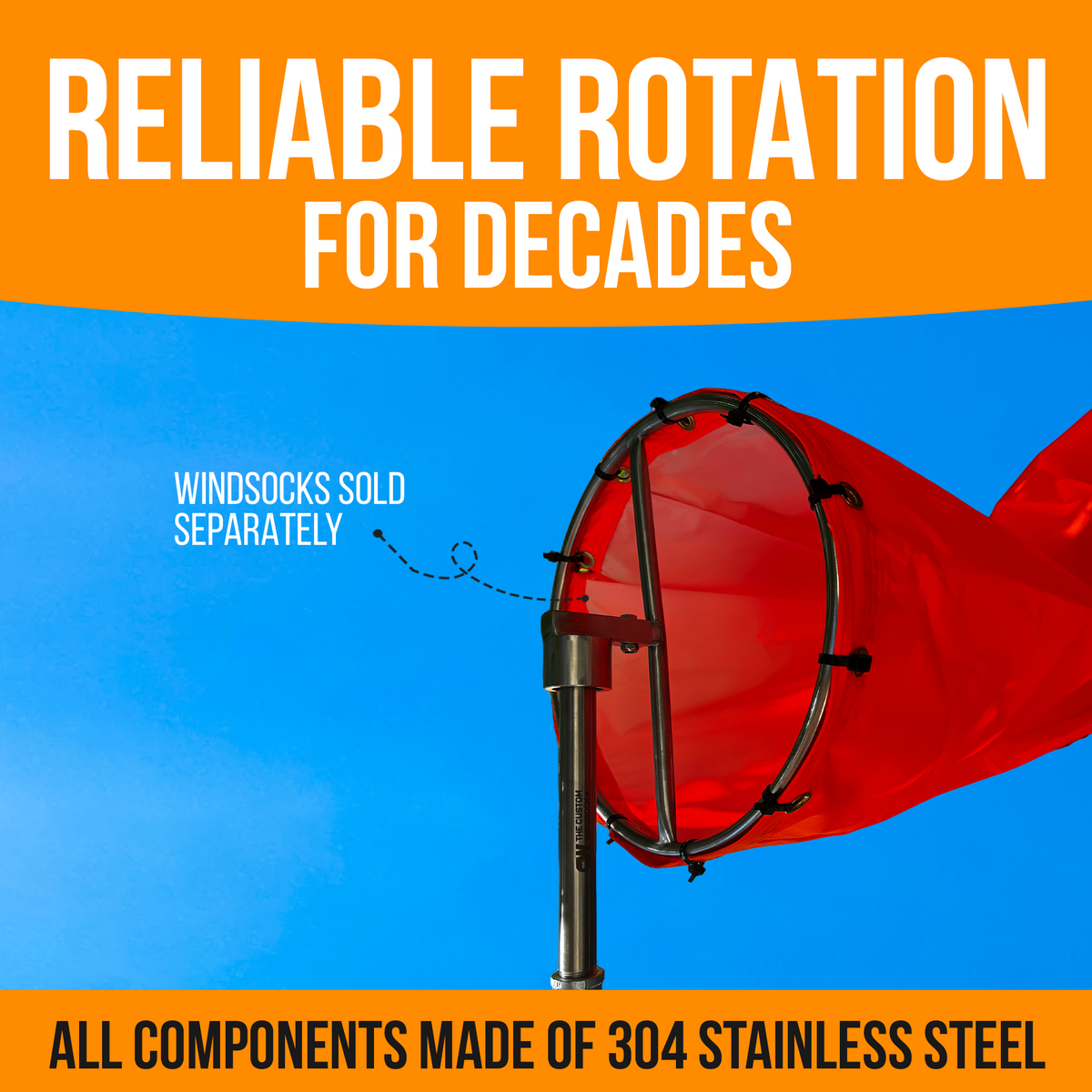 stainless steel windsock from for aviation and industrial use. heavy duty dual ball bearing windsock frame with 3/4 NPT threading 