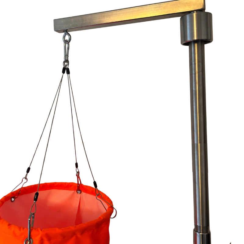 Hanging windsock showing stainless steel wires and and hanging hardware