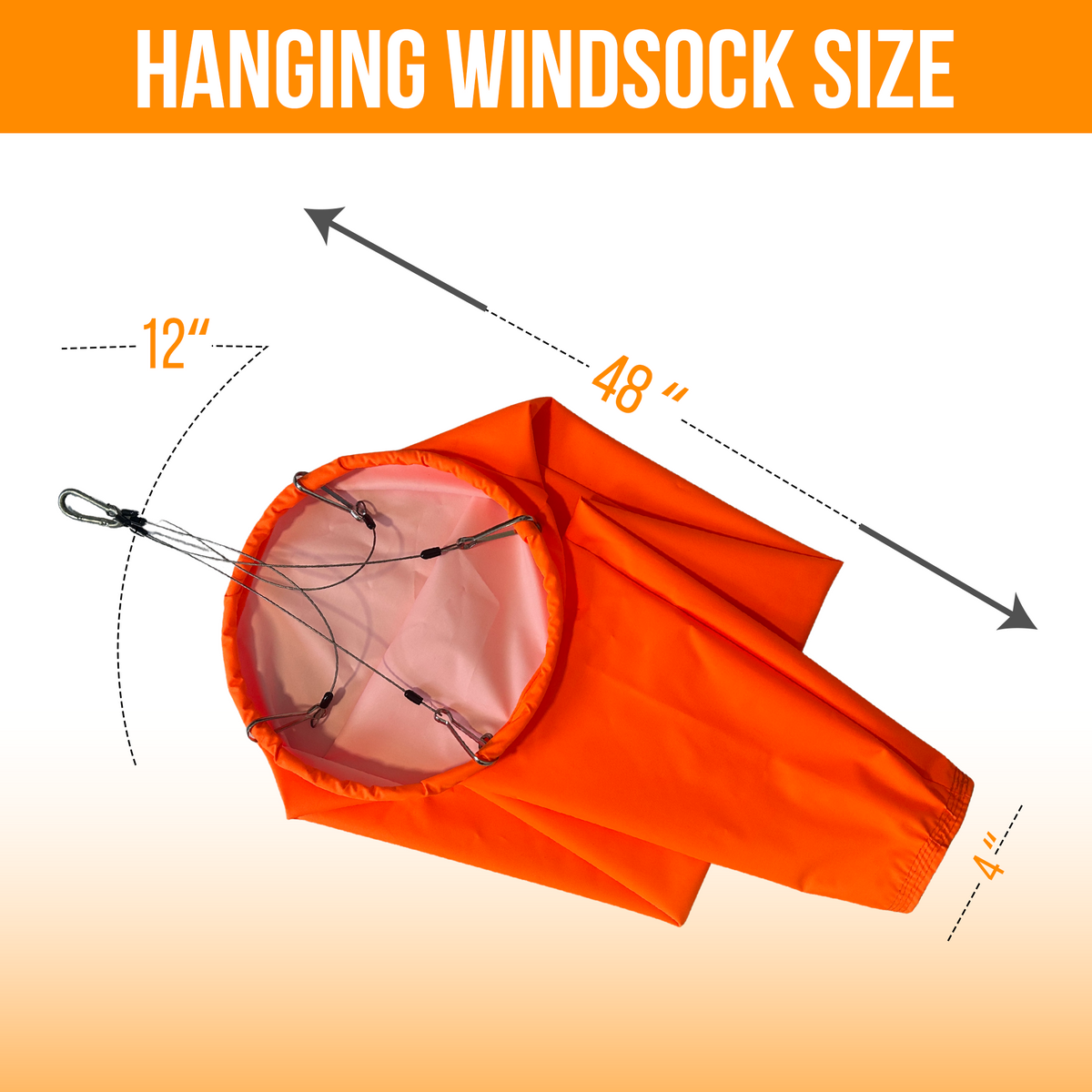 12"x48" hi-vis orange hanging windsock with SS bridle harness  for industrial use
