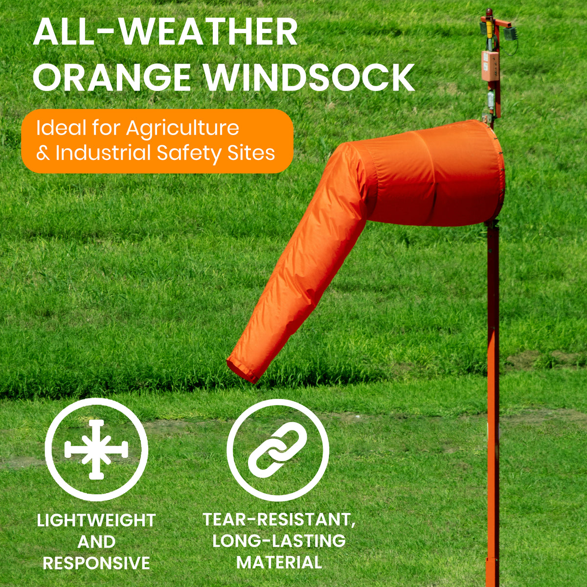 Heavy duty airport windsock for airport and aviation, agriculture, farms, industry and commercial applications. Weather resistant, water proof, Hi vis Orange, UV fade resistant