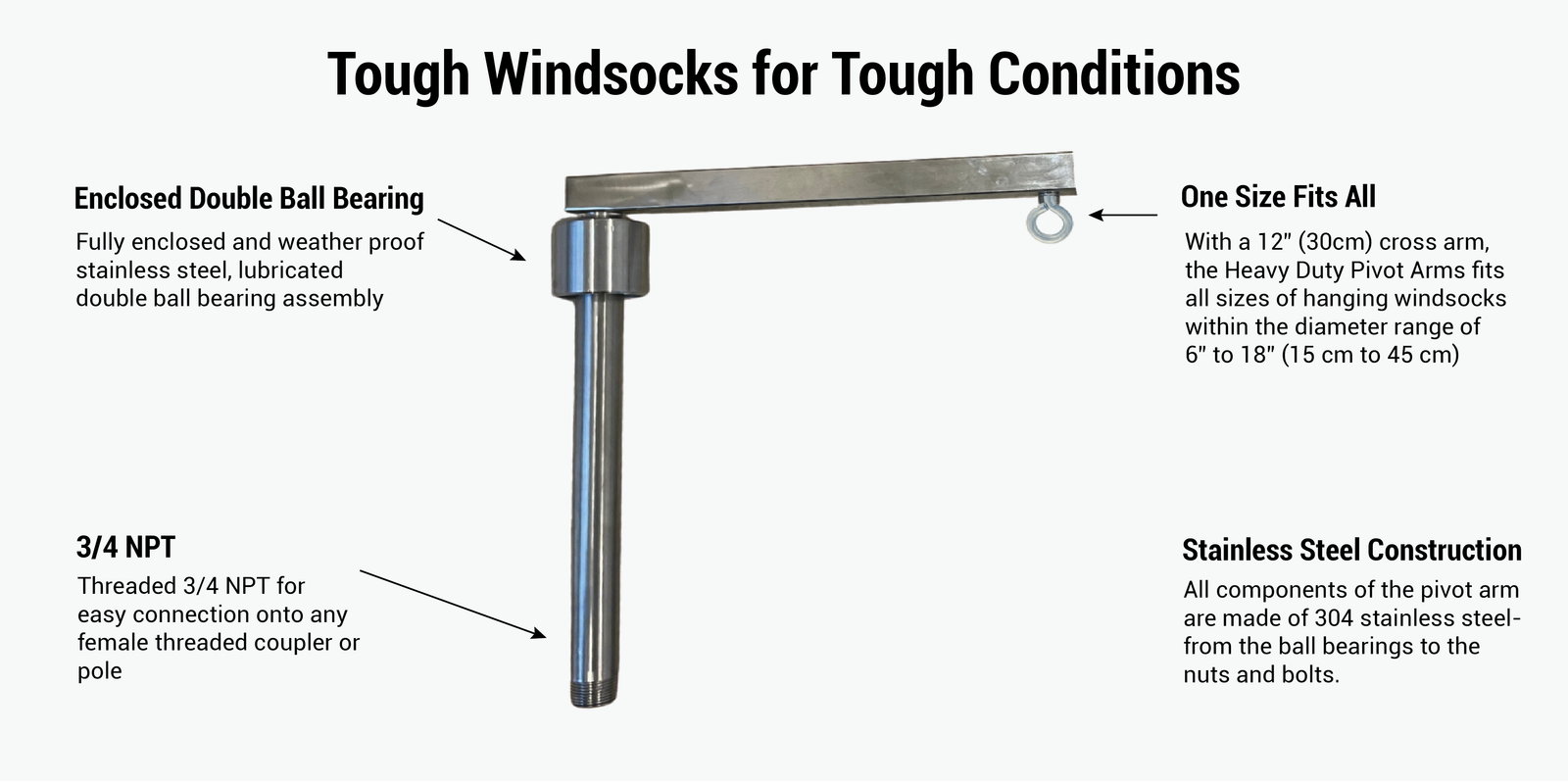 infographic of the heavy duty stainless steel windsock pivot arm