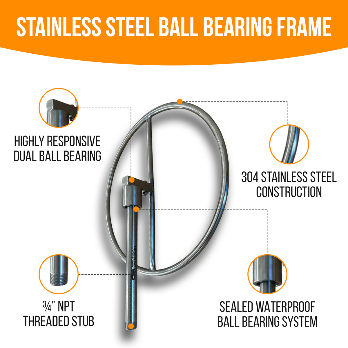 stainless steel windsock from for aviation and industrial use. heavy duty dual ball bearing windsock frame with 3/4 NPT threading 