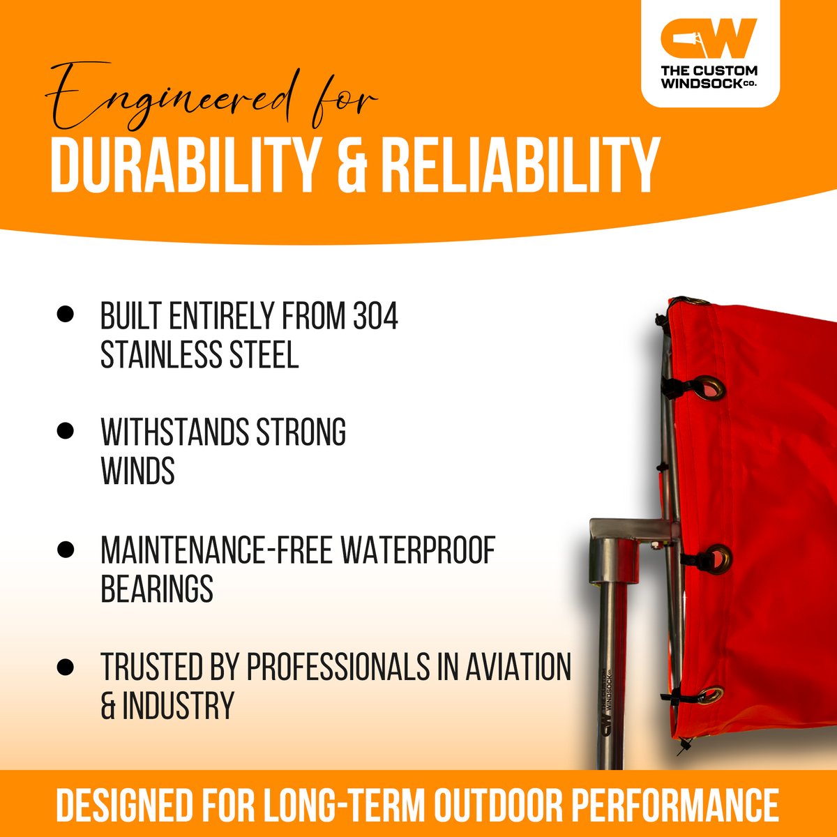 Airport orange  windsock kit complete with stainless steel frame