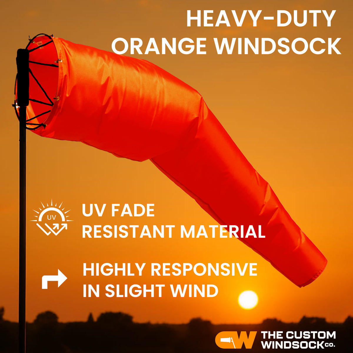 Heavy duty airport windsock for industrial applications like refineries, gas plants and manufacturing facilities . Weather resistant, water proof, Hi vis Orange, UV fade resistant