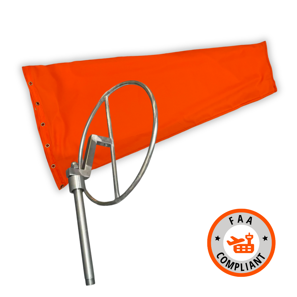 Orange airport windsock kit complete with stainless steel windsock frame that is heavy duty and rust proof