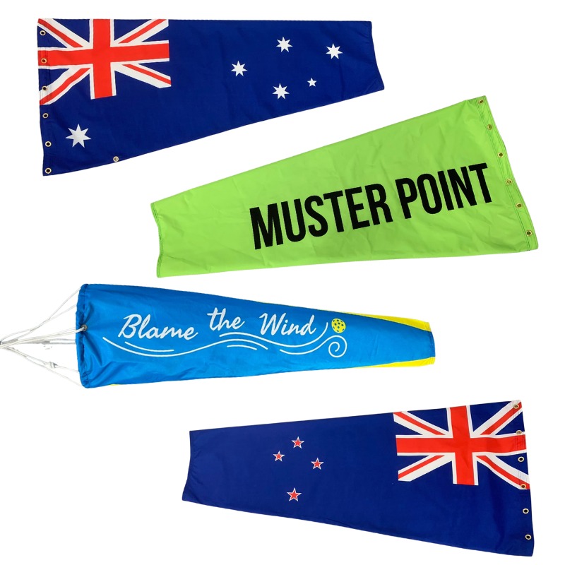 stock Australian Flag windsocks, muster point windsocks and pickleball windsocks
