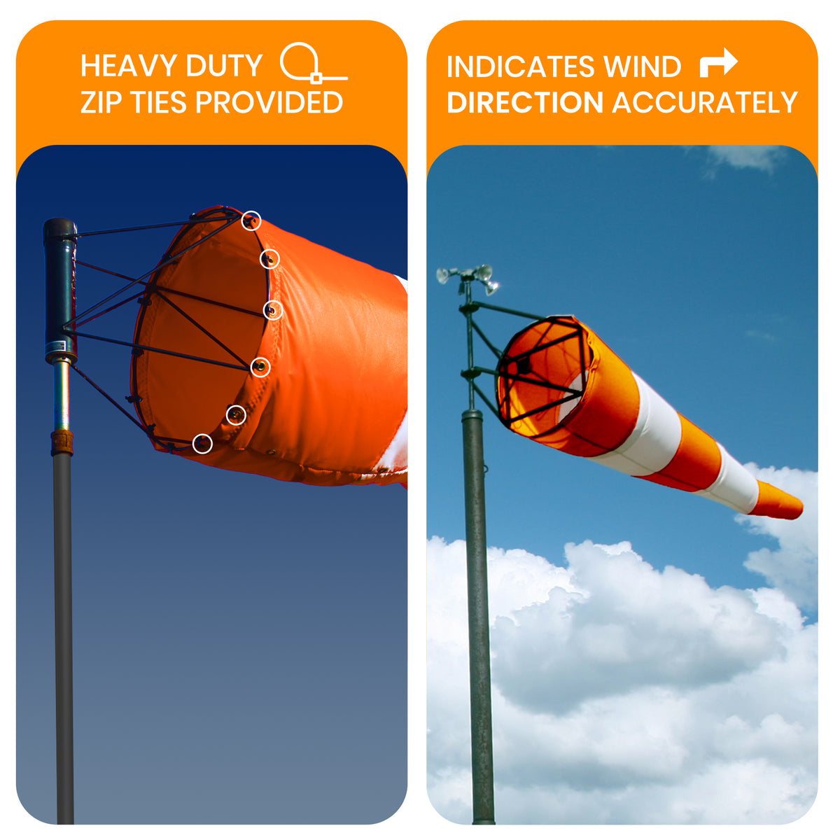 airport windsocks orange white variegated striped that includes HD zip ties and accurately shows wind direction and speed