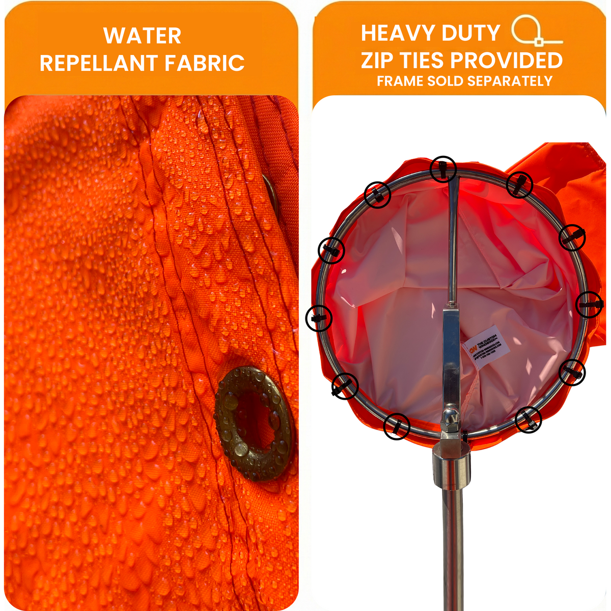Orange fabric with water repellent feature and a metal frame with zip ties on a white background.