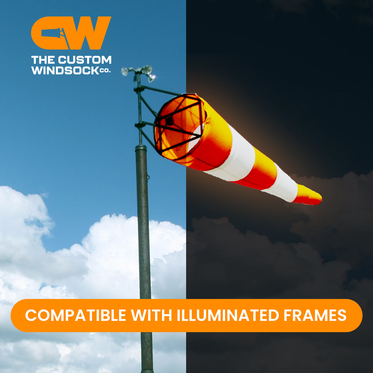 Orange and white airport windsock for illuminated and lit windsock frames