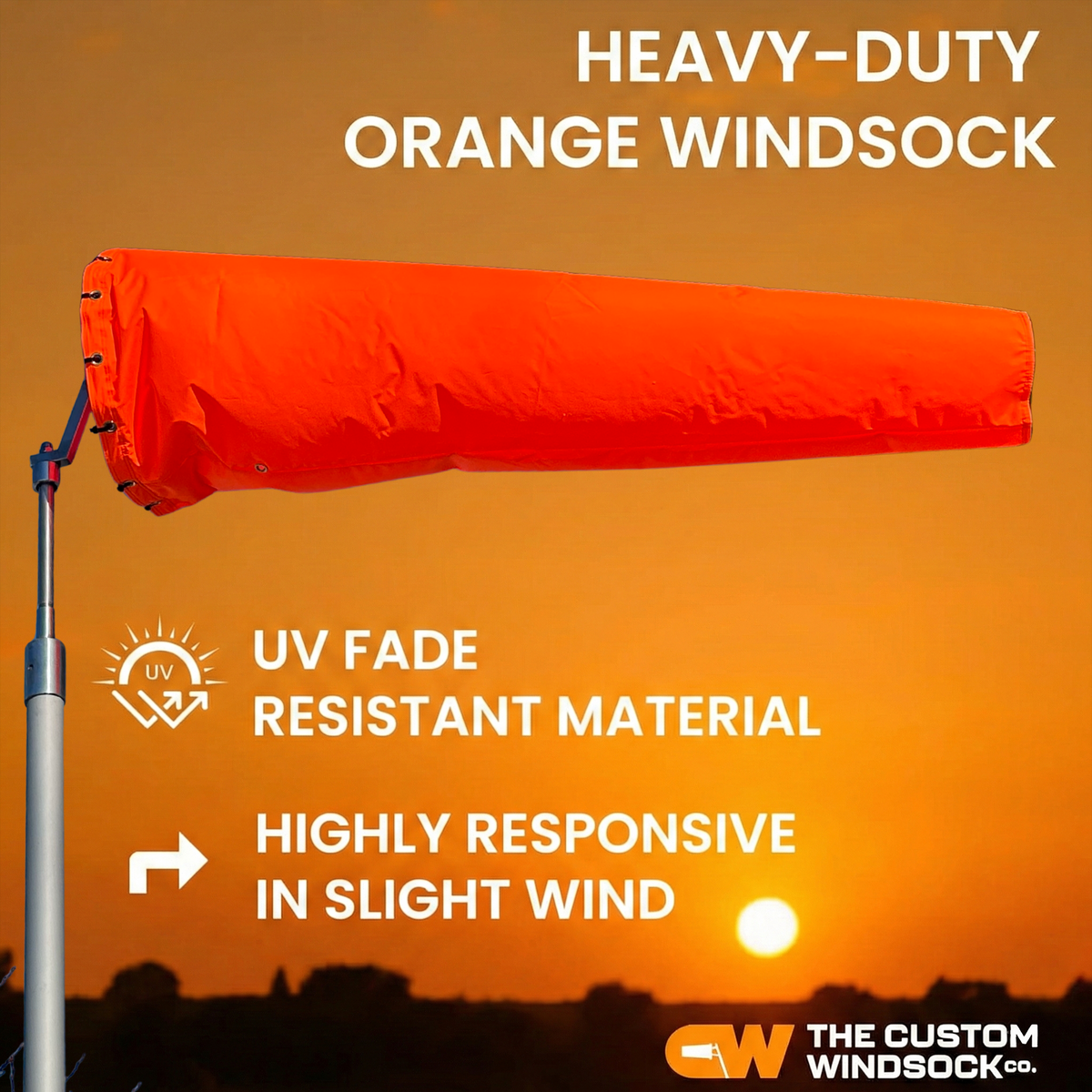 Heavy-duty hi-vas orange windsock with features highlighted against an orange sky. UV resistant 