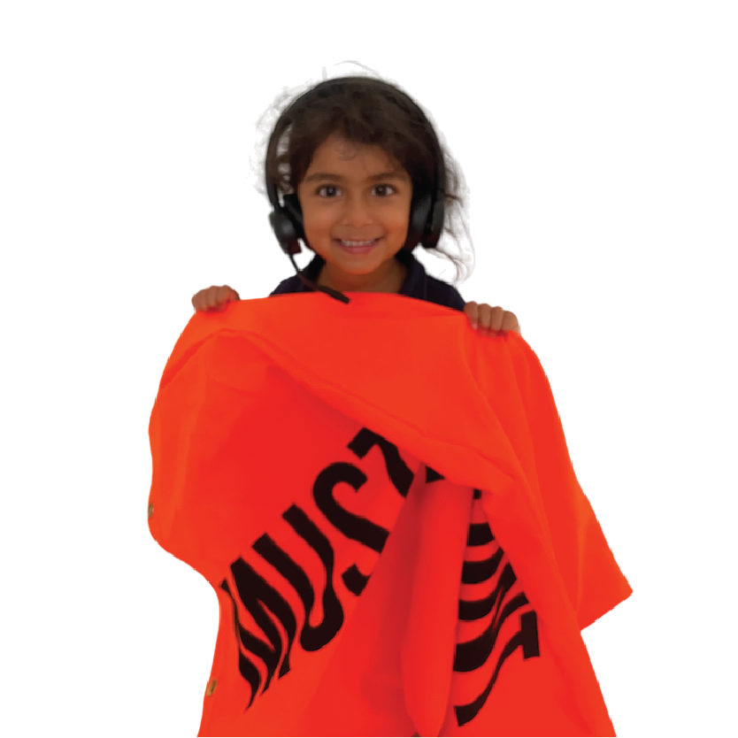 Child holding orange muster point windsock 